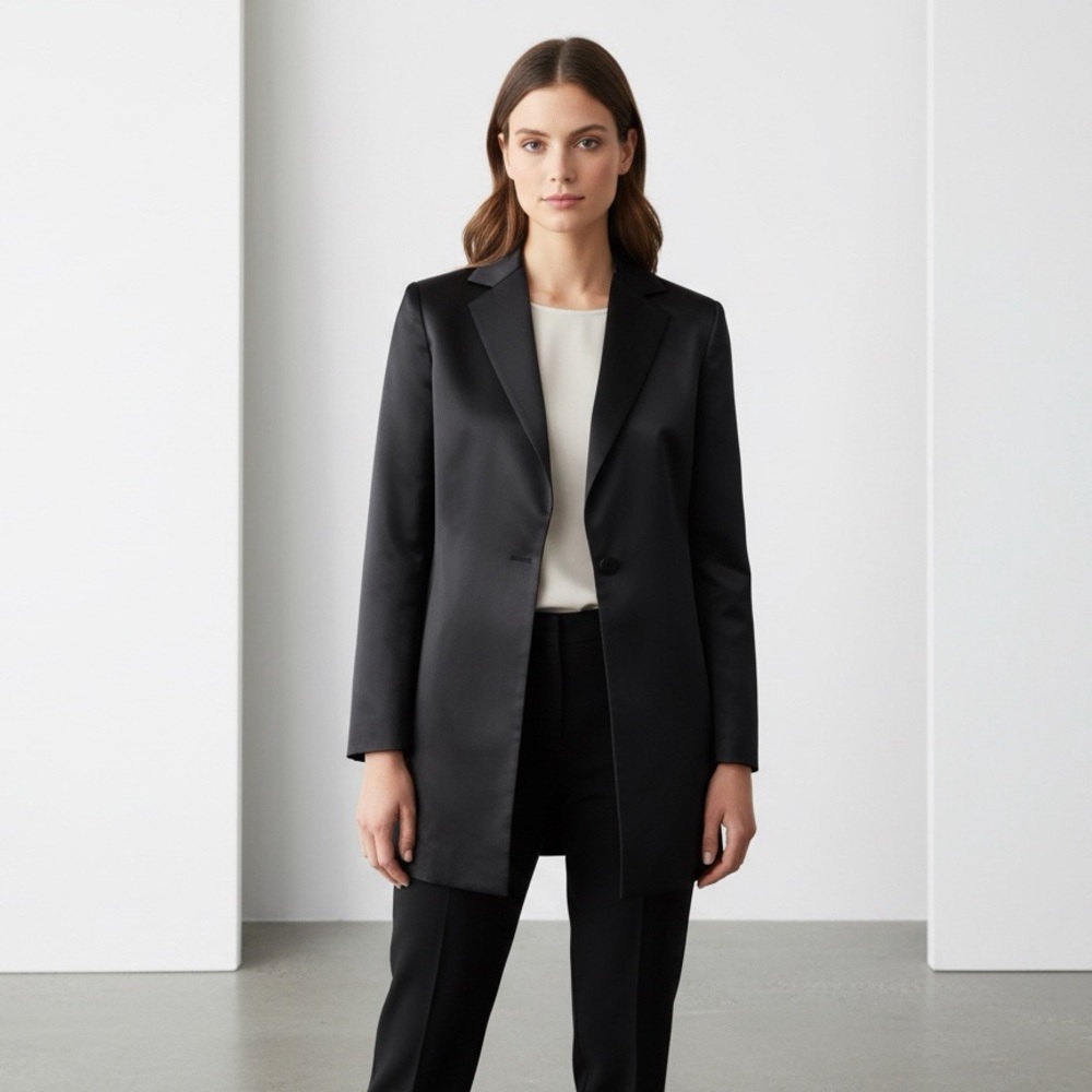 Lafayette 148 New York Black Satin Blazer Jacket Open Front 3/4 Sleeve Size 14
